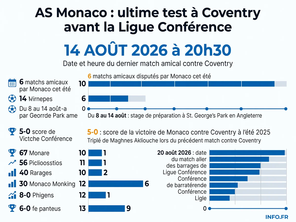 Programme de préparation estivale de l'AS Monaco: six matchs amicaux dont le dernier contre Coventry City le 14 août, avant les barrages de Ligue Conférence le 20 août.