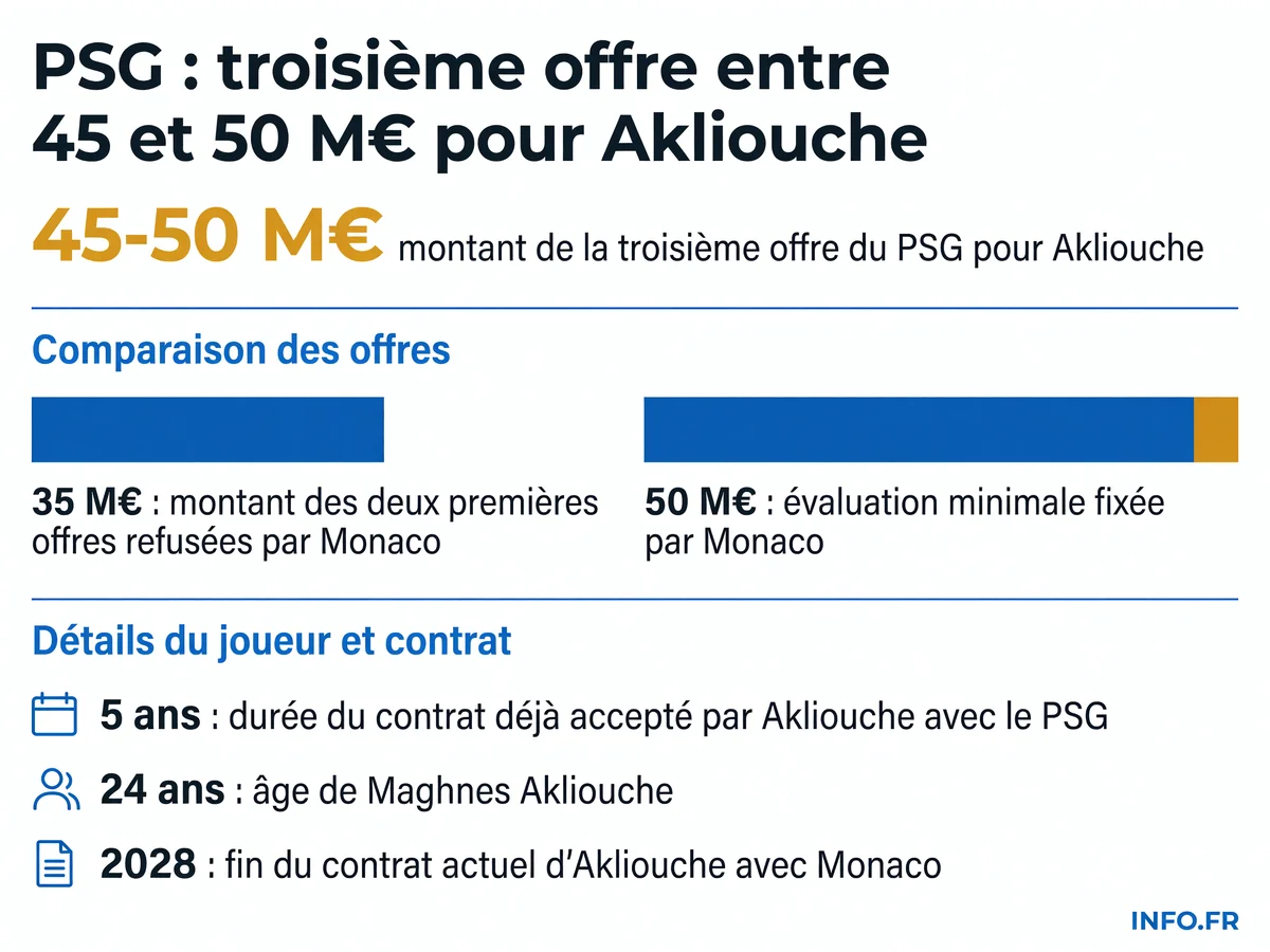 Le PSG relance avec une troisième offre entre 45 et 50 M€ pour Maghnes Akliouche après deux refus à 35 M€, Monaco exige 50 millions minimum