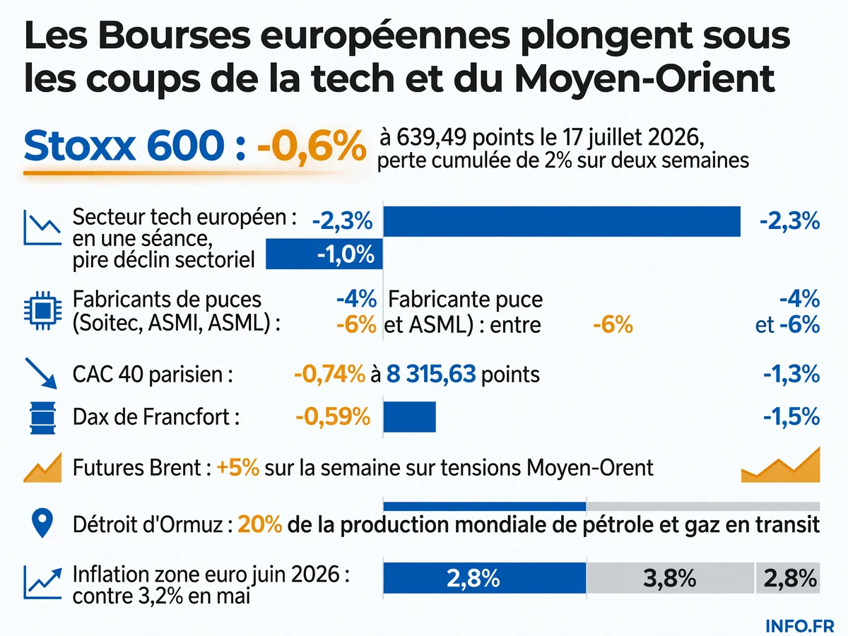 Effondrement des Bourses européennes le 17 juillet 2026: le Stoxx 600 perd 0,6%, le secteur tech chute de 2,3%, les fabricants de puces dévissent jusqu'à 6%, sur fond d'escalade militaire américano-iranienne.