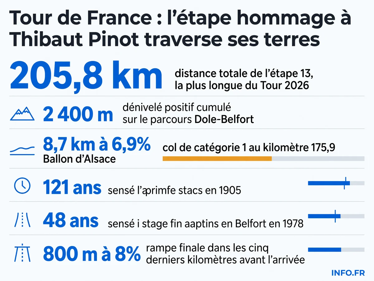 Profil et données clés de l'étape 13 du Tour de France 2026 entre Dole et Belfort, passant par Mélisey et le Ballon d'Alsace.