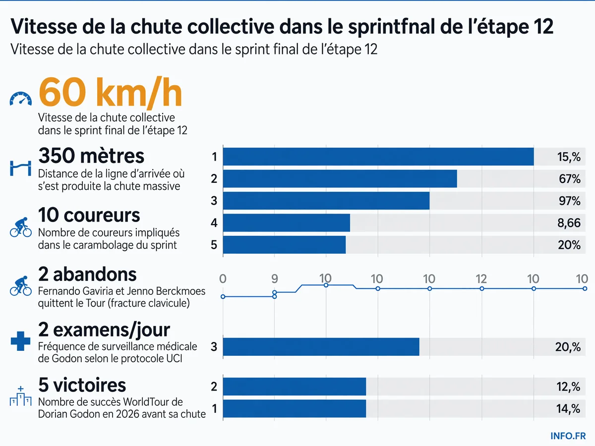 Chute collective de Dorian Godon lors du sprint de l'étape 12 du Tour de France 2026 à Chalon-sur-Saône: bilan médical et impact sur la course.