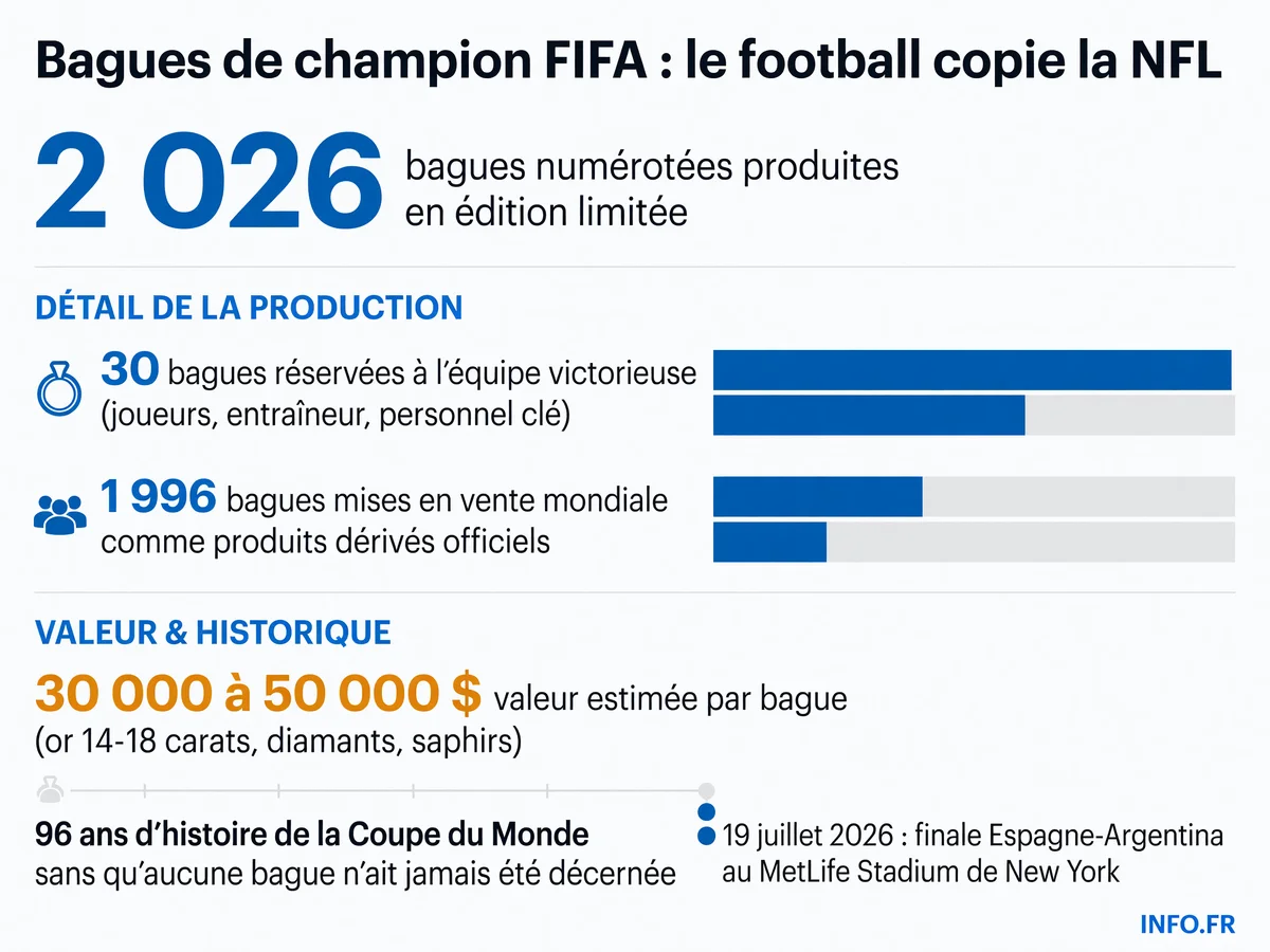 Infographie présentant les chiffres clés de l'introduction historique des bagues de champion FIFA pour la Coupe du Monde 2026: nombre de bagues produites, valeur estimée, et destination des exemplaires.