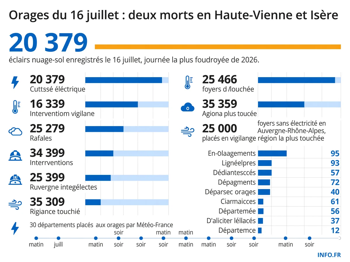 Bilan des orages violents du 16 juillet 2026: deux décès, 53 000 foyers sans électricité et plus de 20 000 éclairs enregistrés en France.
