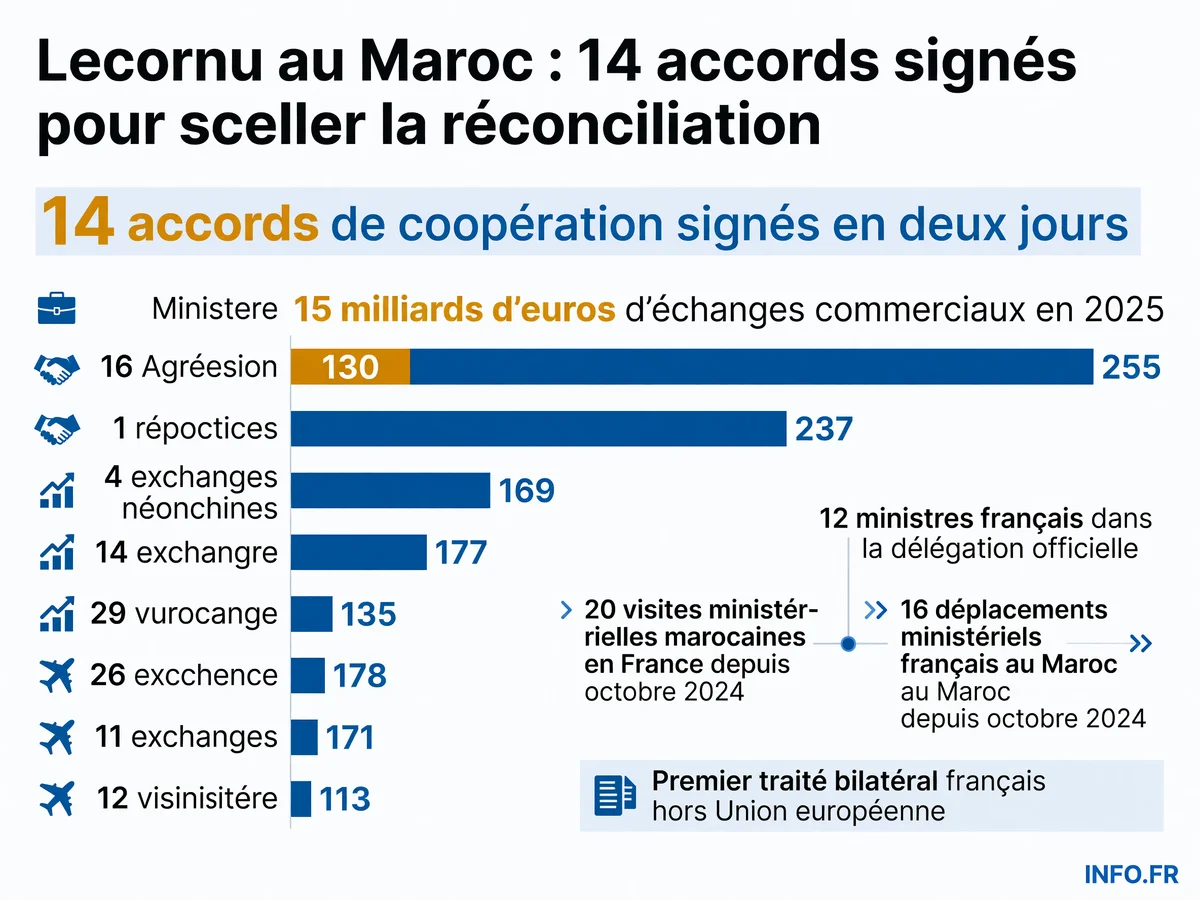 Données clés de la visite officielle de Sébastien Lecornu au Maroc les 15-16 juillet 2026: nombre d'accords, composition de la délégation, échanges commerciaux et intensité diplomatique.