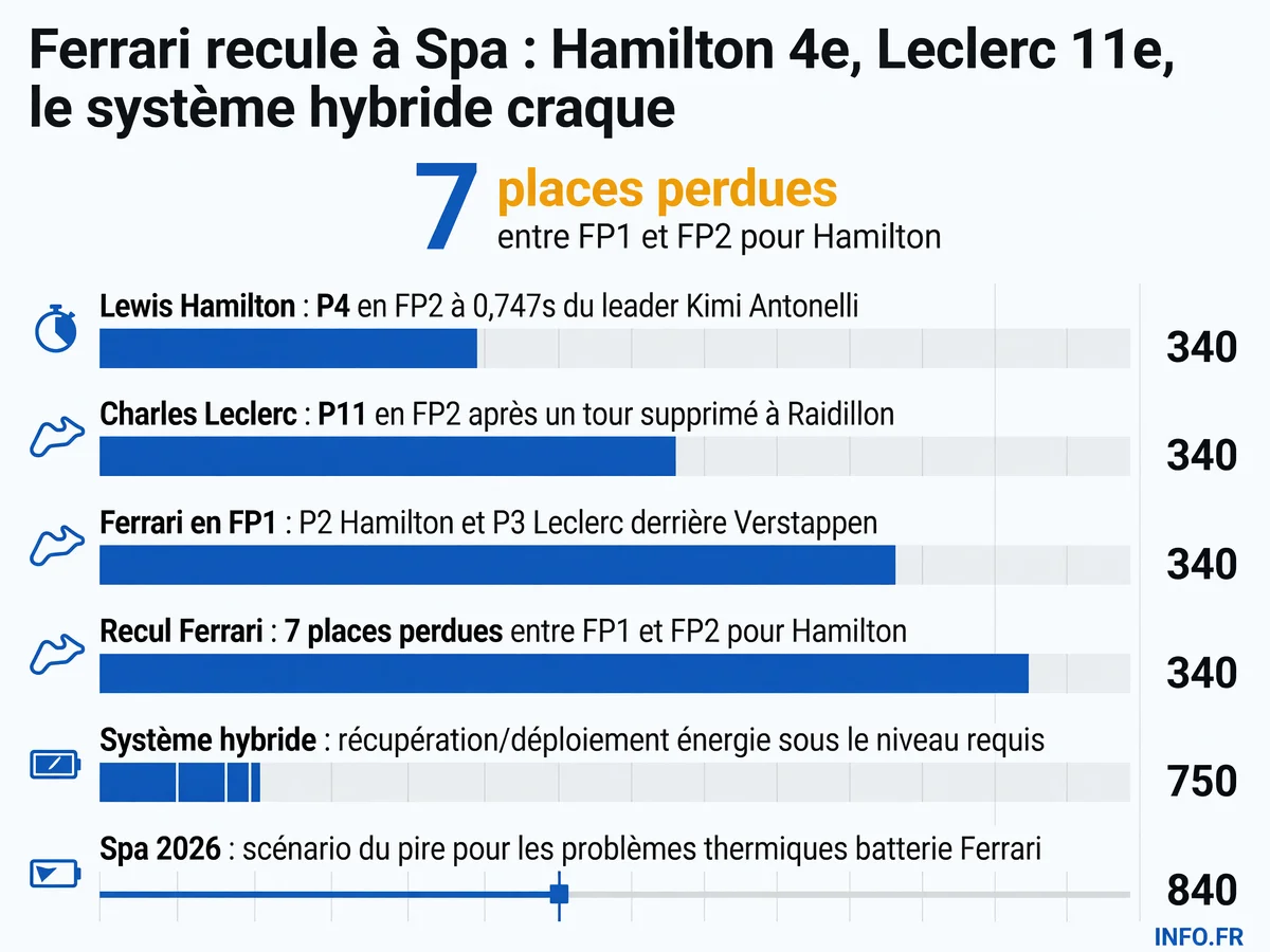 Résultats contrastés de Ferrari lors des essais libres du GP de Belgique 2026 à Spa-Francorchamps avec recul de Hamilton et Leclerc entre FP1 et FP2 dû aux problèmes de système hybride