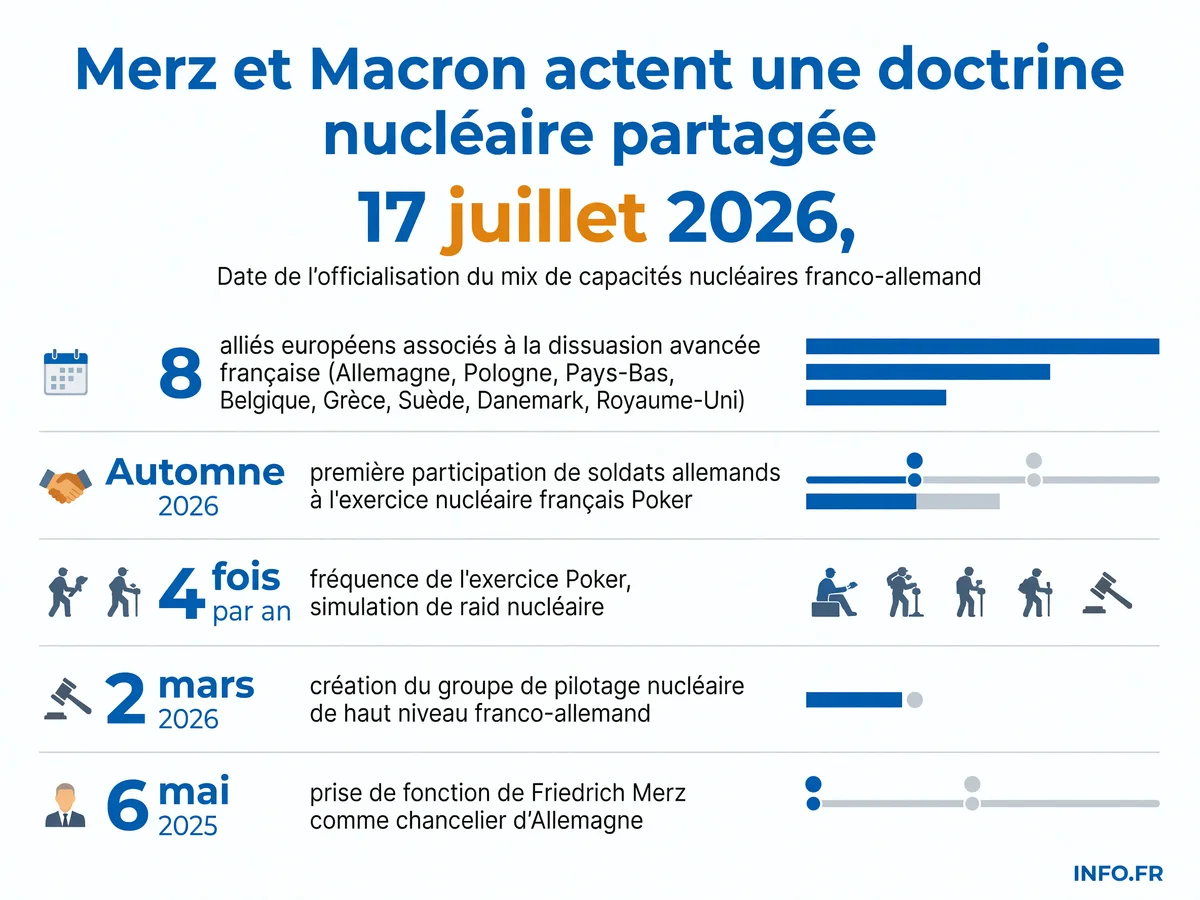 Chronologie de la coopération nucléaire franco-allemande de février 2020 à juillet 2026, avec les dates clés de la dissuasion européenne partagée.