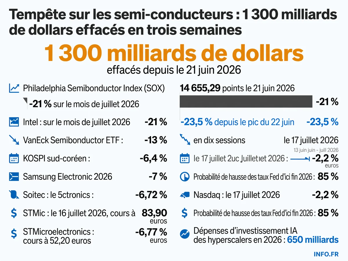 Correction du Philadelphia Semiconductor Index en juillet 2026: baisse de 21 % depuis le record du 21 juin, effaçant 1 300 milliards de dollars de capitalisation boursière.