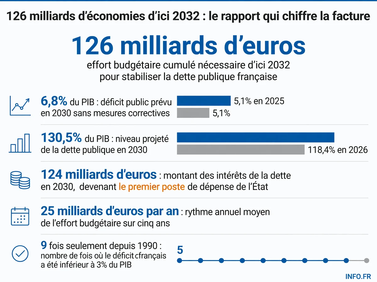 Projection de la dette publique française: sans ajustement budgétaire, la dette passe de 118,4% du PIB en 2026 à 130,5% en 2030, et les intérêts deviennent le premier poste de dépense de l'État.
