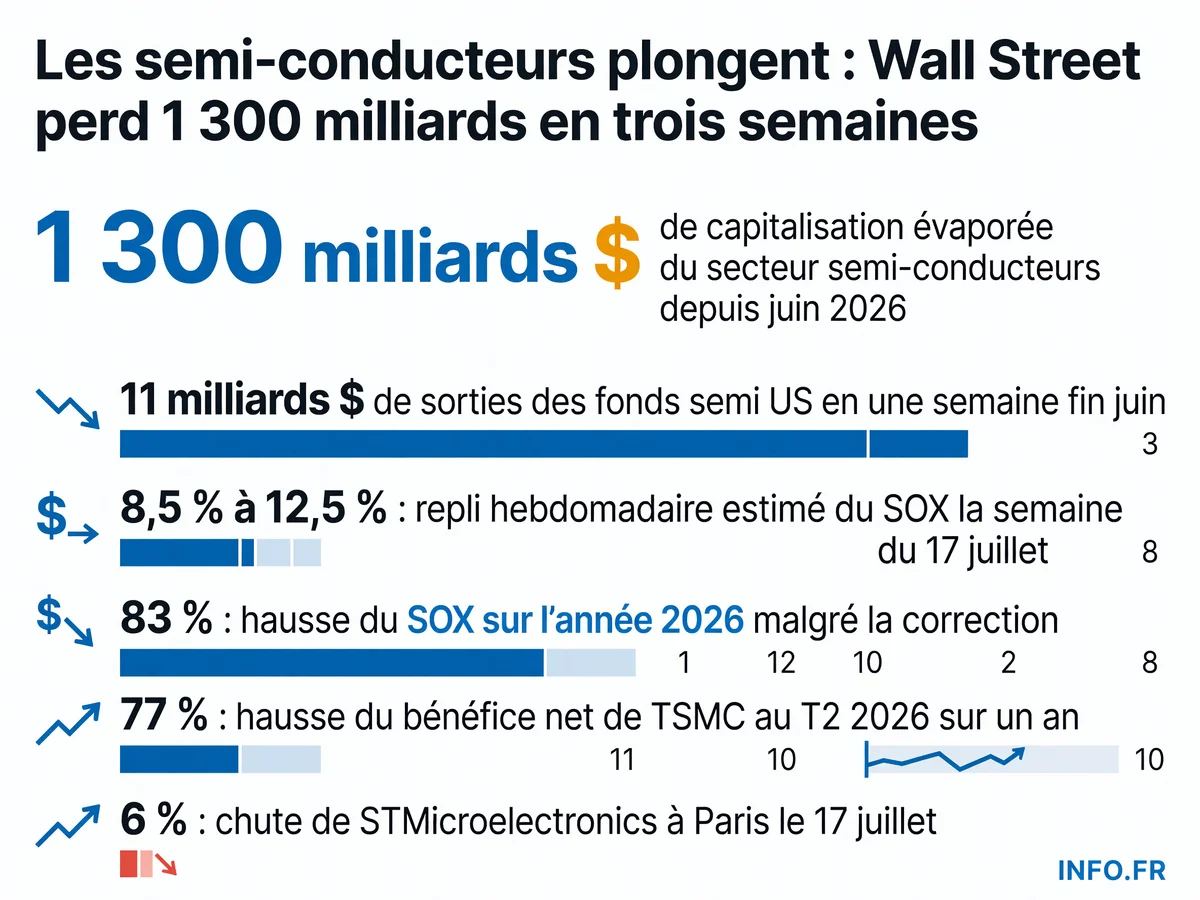 Infographie montrant la chute des valeurs semi-conductrices et technologiques à Wall Street et en Europe le 17 juillet 2026, avec les principaux chiffres de la correction.