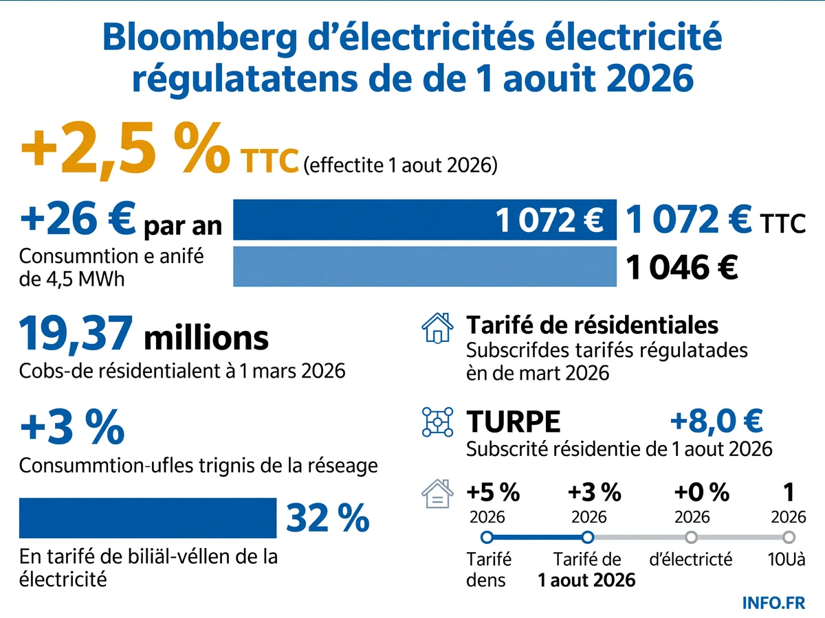 Évolution des tarifs réglementés de l'électricité en France: hausse de 2,5 % au 1er août 2026, impact moyen de 26 euros par an sur la facture des 19,37 millions de foyers concernés.