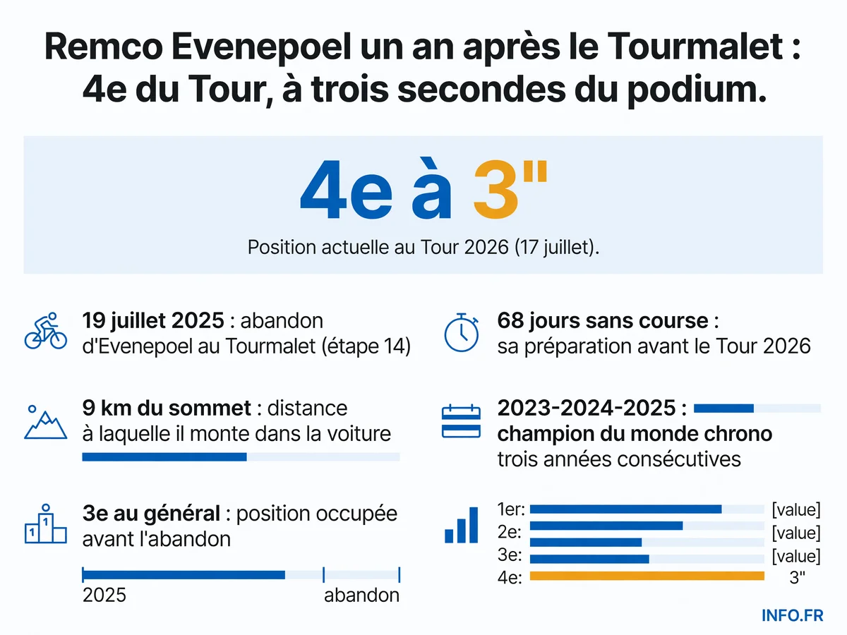 Chronologie des abandons et résultats de Remco Evenepoel sur les Grands Tours entre 2021 et 2026, avec focus sur l'abandon du Tourmalet de juillet 2025.
