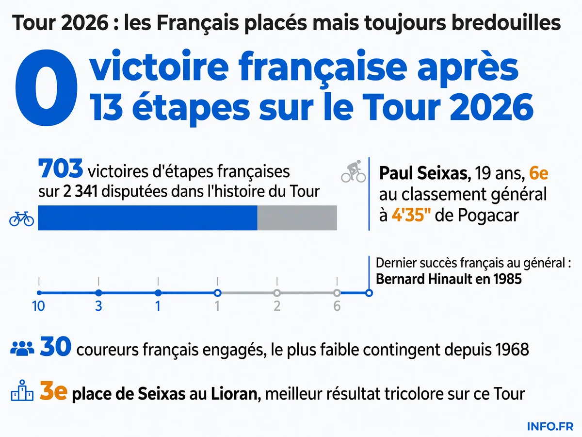 Infographie présentant les statistiques des coureurs français au Tour de France 2026 après 13 étapes: zéro victoire, Paul Seixas 6e au général, contingent historiquement faible.