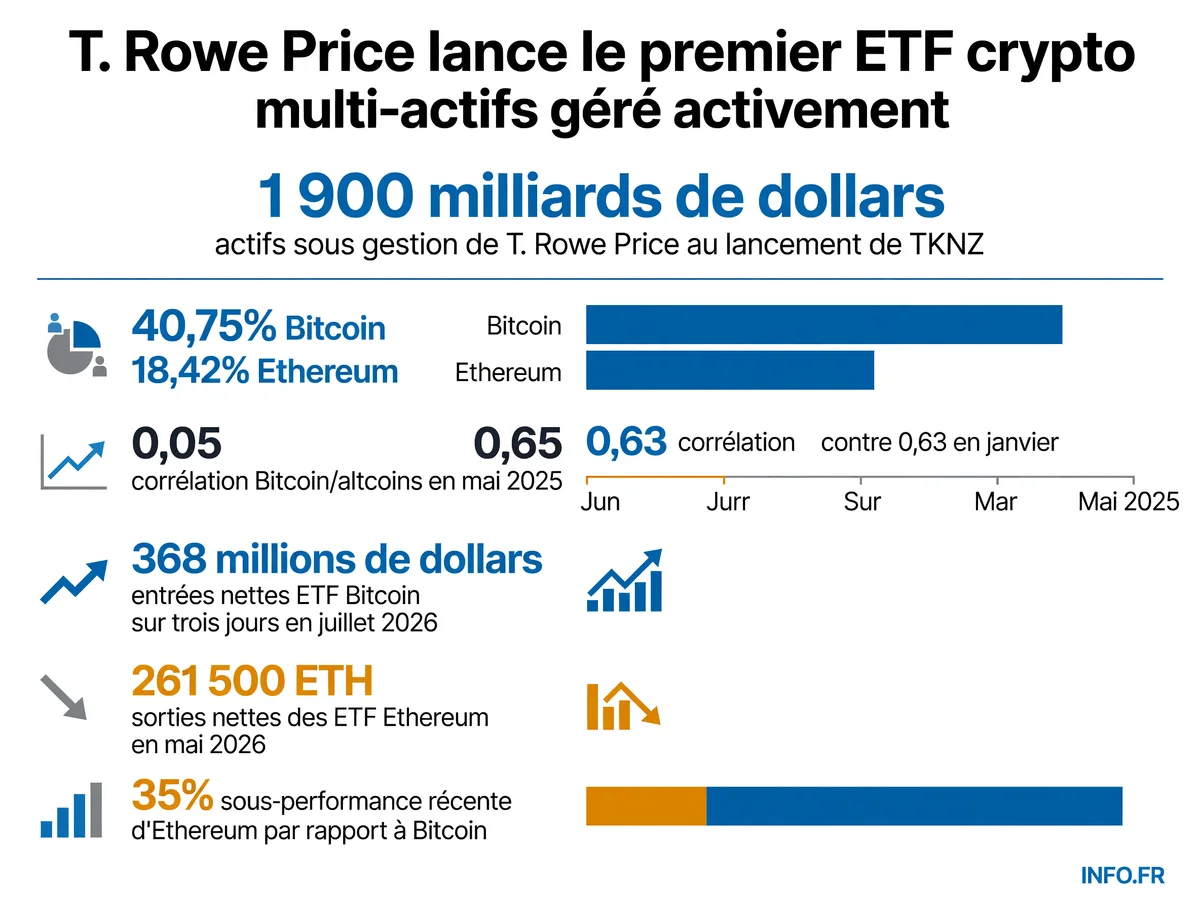 Allocations du portefeuille TKNZ au lancement et découplage Bitcoin/Ethereum mesuré par la chute de corrélation de 0,63 à 0,05 entre janvier et mai 2025