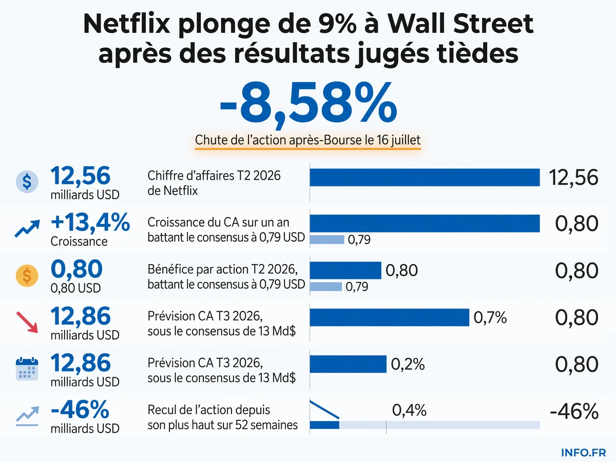 Graphique montrant la chute de l'action Netflix après la publication des résultats du T2 2026 et les principales données financières du trimestre