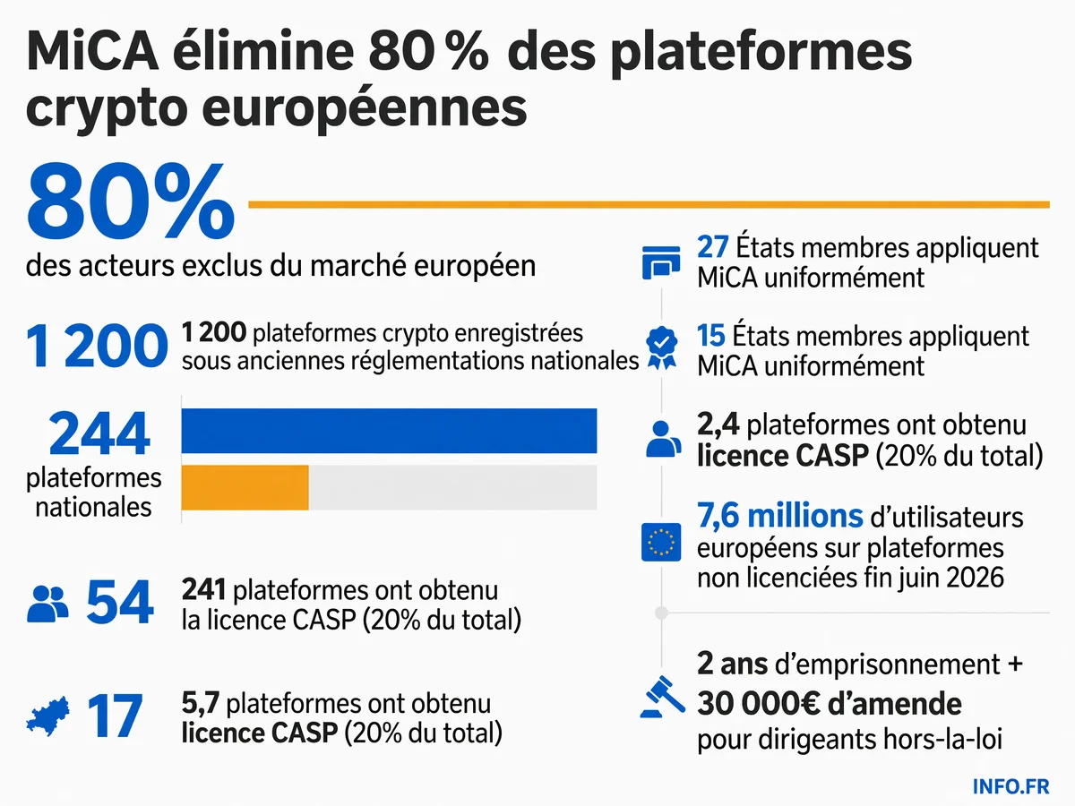 Infographie présentant les chiffres clés de l'application du règlement européen MiCA au 1er juillet 2026: taux d'exclusion des plateformes crypto, nombre d'utilisateurs concernés et sanctions pénales encourues.