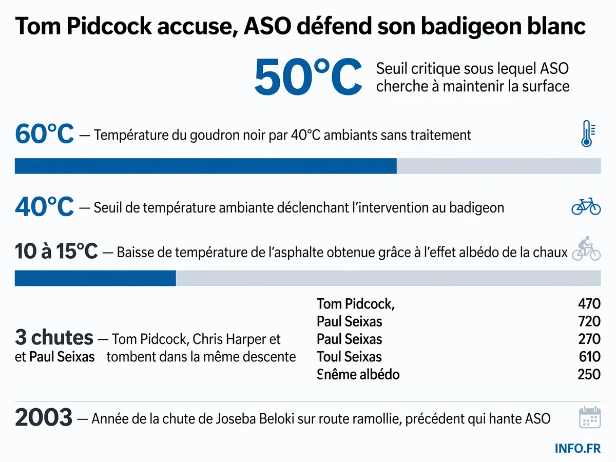 Les données clés de la polémique entre Tom Pidcock et ASO sur le badigeon blanc utilisé pour refroidir l'asphalte du Tour de France 2026