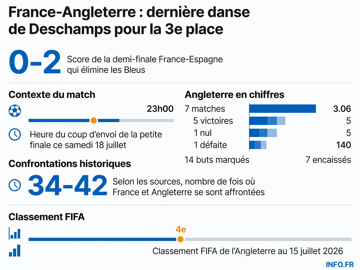 Infographie présentant les statistiques clés de la petite finale France-Angleterre de la Coupe du Monde 2026: score de la demi-finale, heure du match, bilan anglais et historique des confrontations