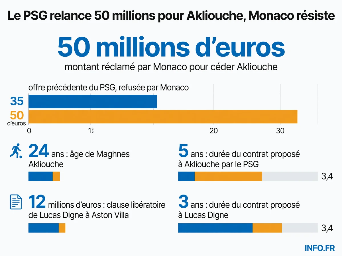 Les chiffres clés du mercato PSG: 50 millions réclamés pour Akliouche, 12 millions pour Digne, deux renforts français ciblés