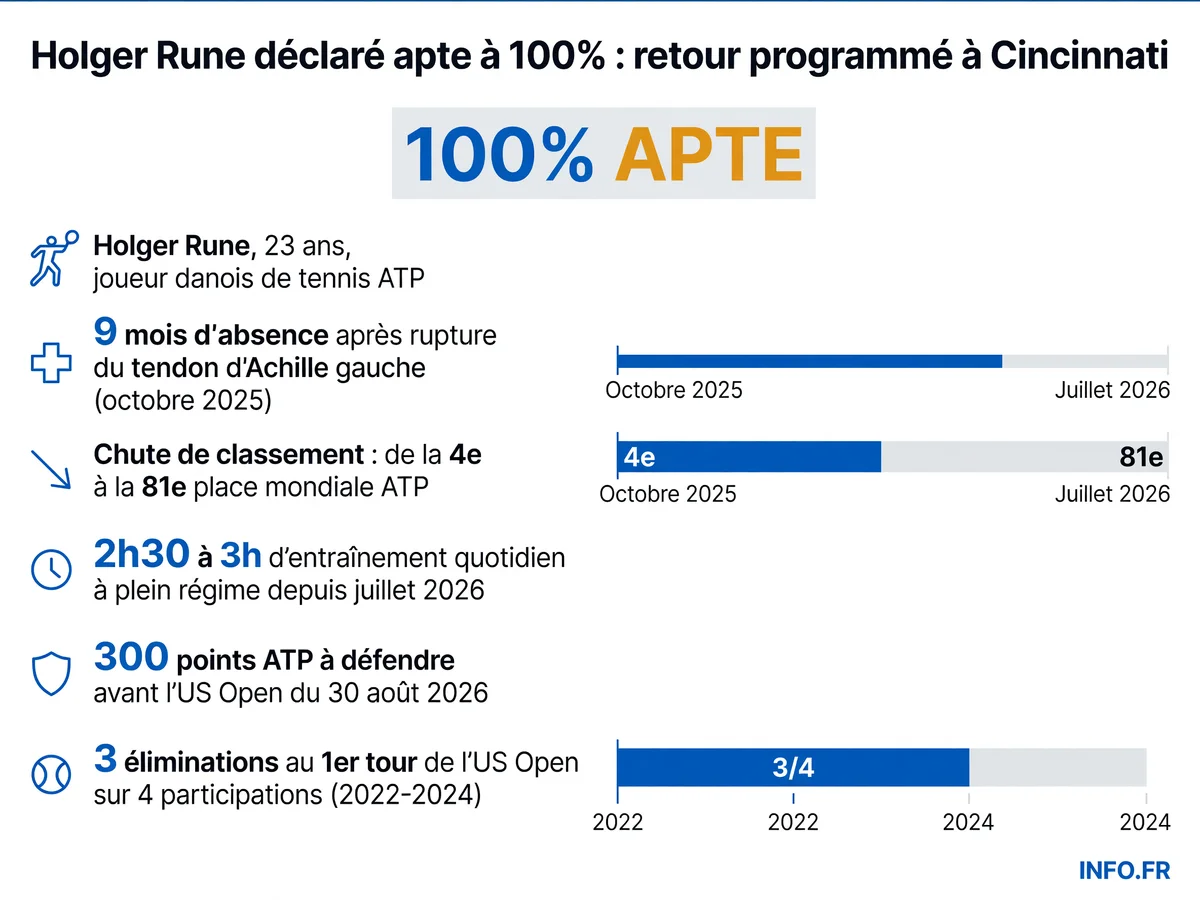 Chronologie du retour de Holger Rune après sa rupture du tendon d'Achille: 9 mois de rééducation, chute au classement ATP et préparation pour la tournée nord-américaine 2026