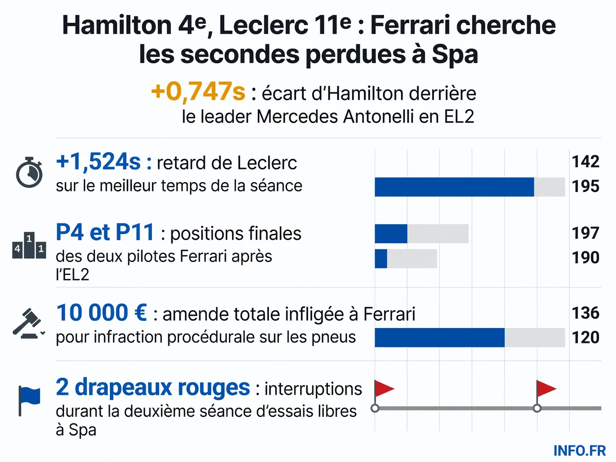 Écarts de temps et positions des pilotes Ferrari Lewis Hamilton et Charles Leclerc lors de la deuxième séance d'essais libres du Grand Prix de Belgique 2026 à Spa-Francorchamps