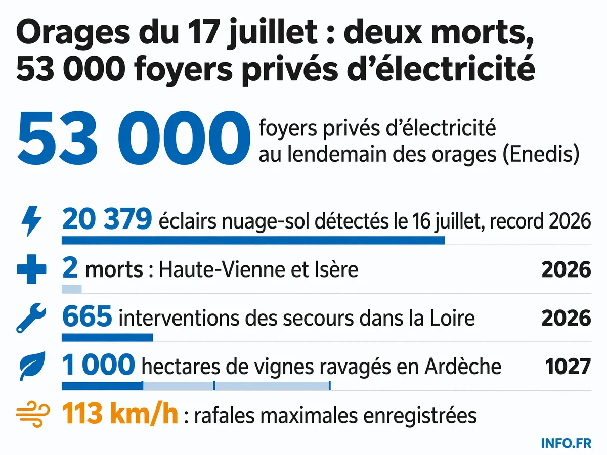 Bilan chiffré des orages du 17 juillet 2026 en France: victimes, coupures électriques, activité électrique record et dégâts matériels