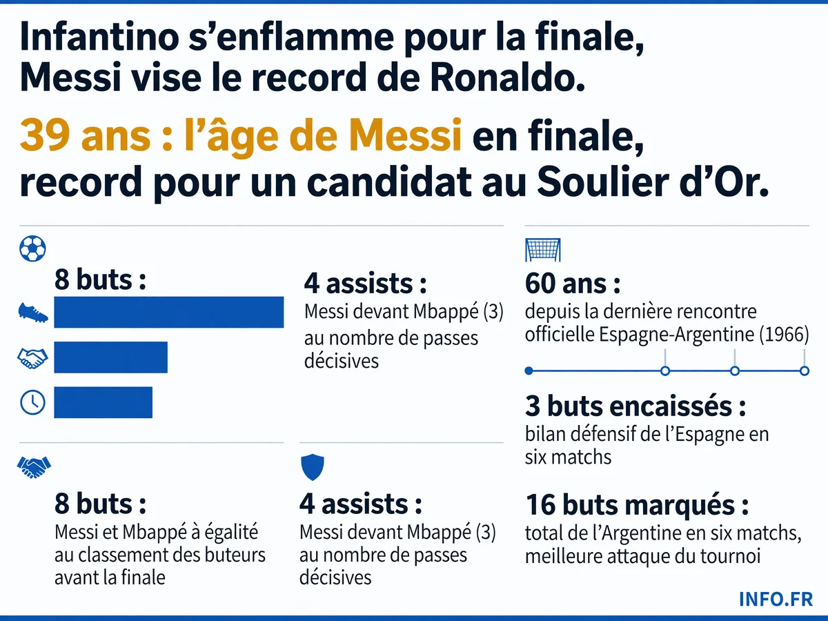 Infographie comparative de la finale de la Coupe du Monde 2026 entre l'Espagne et l'Argentine: statistiques des deux équipes et course au Soulier d'Or entre Messi et Mbappé