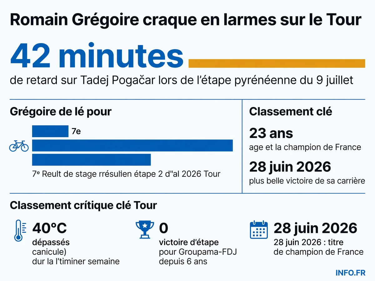 Romain Grégoire termine à 42 minutes de Pogačar dans les Pyrénées lors du Tour de France 2026, mettant fin aux espoirs de victoire d'étape pour le champion de France et Groupama-FDJ