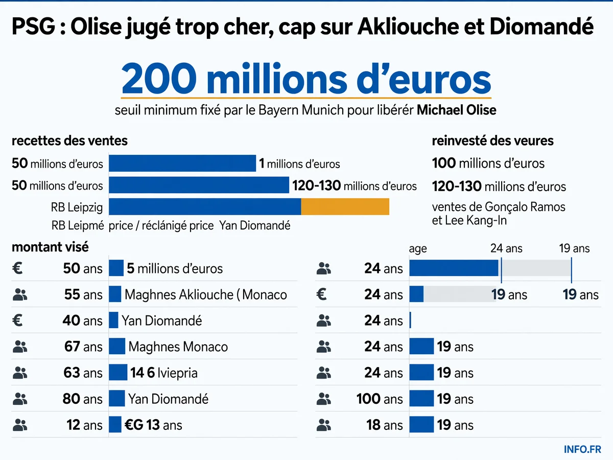 Comparaison des montants de transfert entre Olise (200 M€), Akliouche (50 M€) et Diomandé (120-130 M€) dans le mercato PSG été 2026