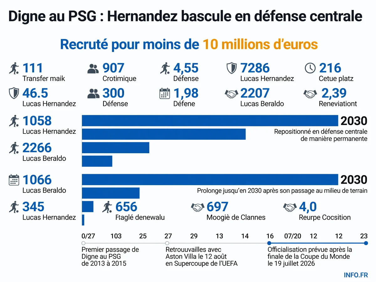 Schéma du domino tactique déclenché par l'arrivée de Lucas Digne au PSG avec les repositionnements de Lucas Hernandez en défense centrale et Lucas Beraldo au milieu de terrain