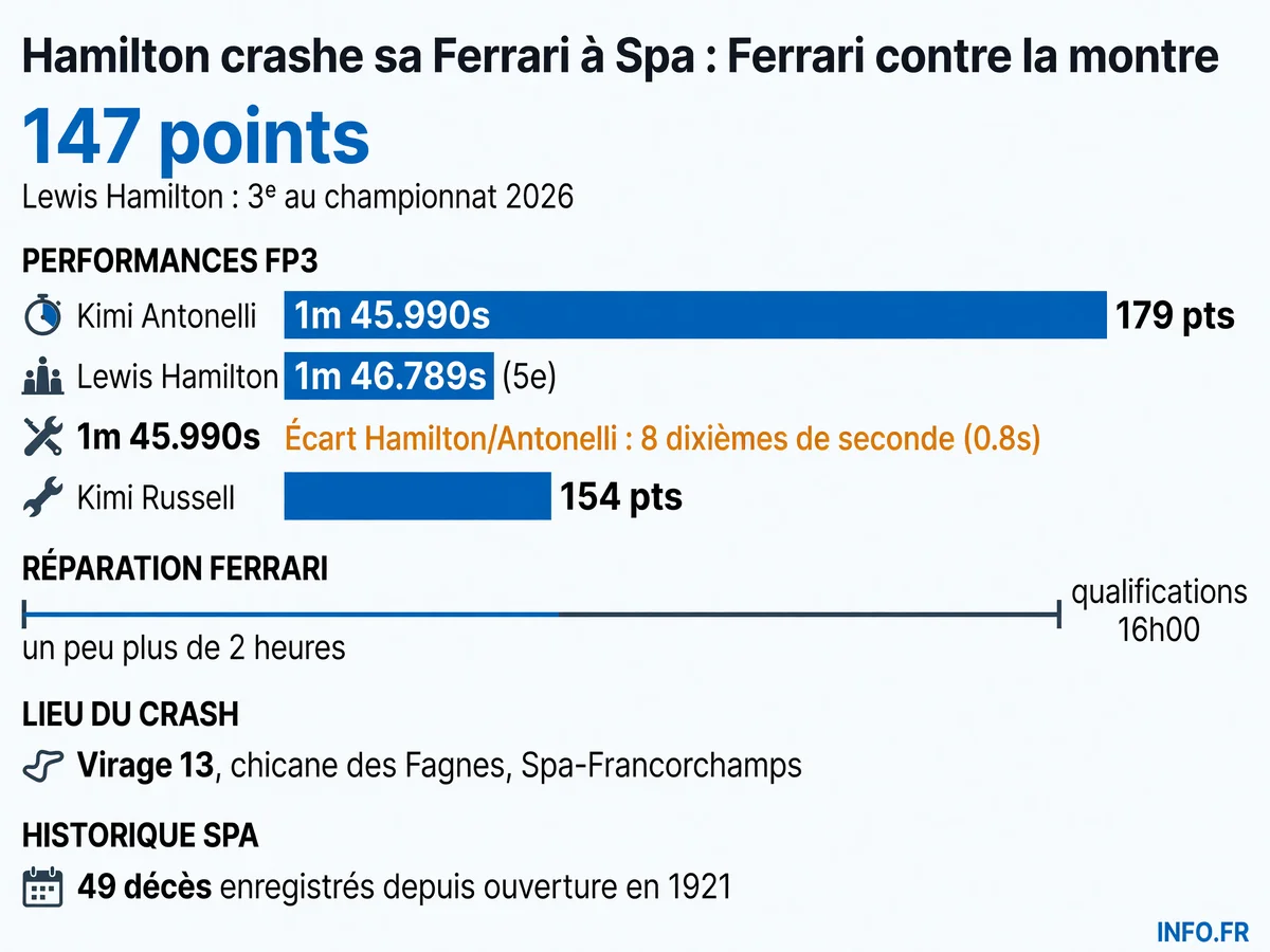 Données clés du crash de Lewis Hamilton en FP3 à Spa le 18 juillet 2026: classement, écarts de temps, délai de réparation Ferrari et historique accidents circuit.