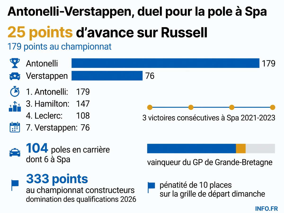 Classement des pilotes et statistiques clés avant les qualifications du Belgian GP 2026 à Spa-Francorchamps avec Antonelli leader, Verstappen en embuscade et Hamilton pénalisé par son crash.