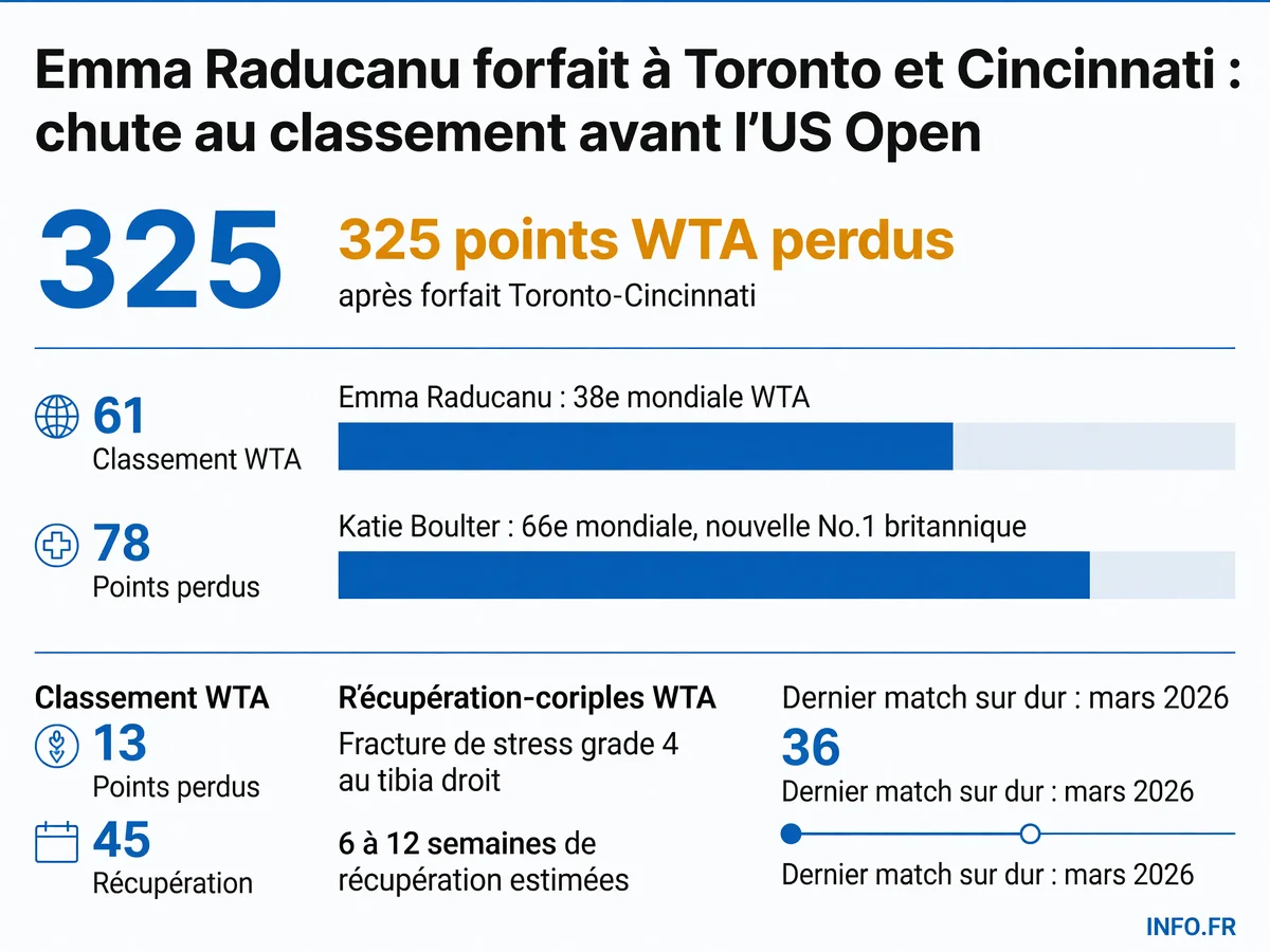 Infographie montrant la chute au classement WTA d'Emma Raducanu après son forfait aux tournois de Toronto et Cincinnati en raison d'une fracture de stress au tibia droit