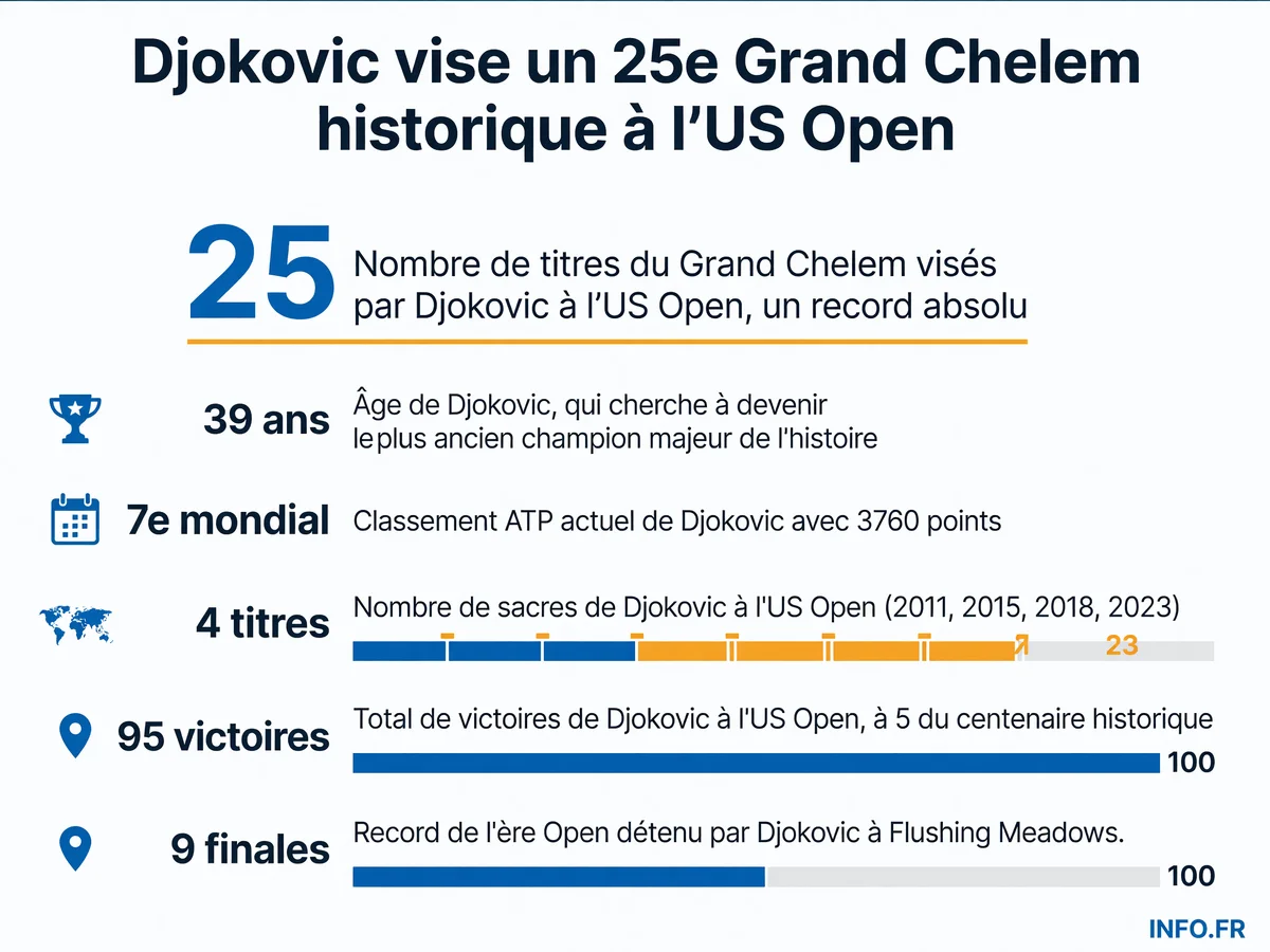 Statistiques de Novak Djokovic à l'US Open et objectifs pour l'édition 2026, incluant son classement ATP, son palmarès et sa quête d'un 25e titre du Grand Chelem