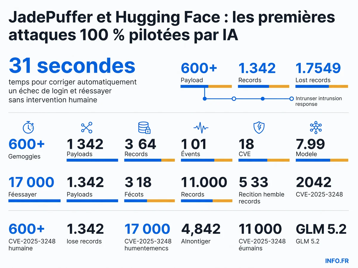 Chronologie et données clés des premières cyberattaques menées de bout en bout par des agents IA autonomes: JadePuffer et intrusion Hugging Face, juillet 2026