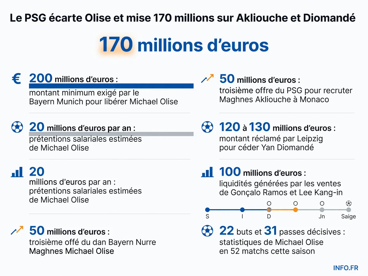 Comparatif financier entre le dossier Michael Olise et les recrutements ciblés de Maghnes Akliouche et Yan Diomandé par le PSG