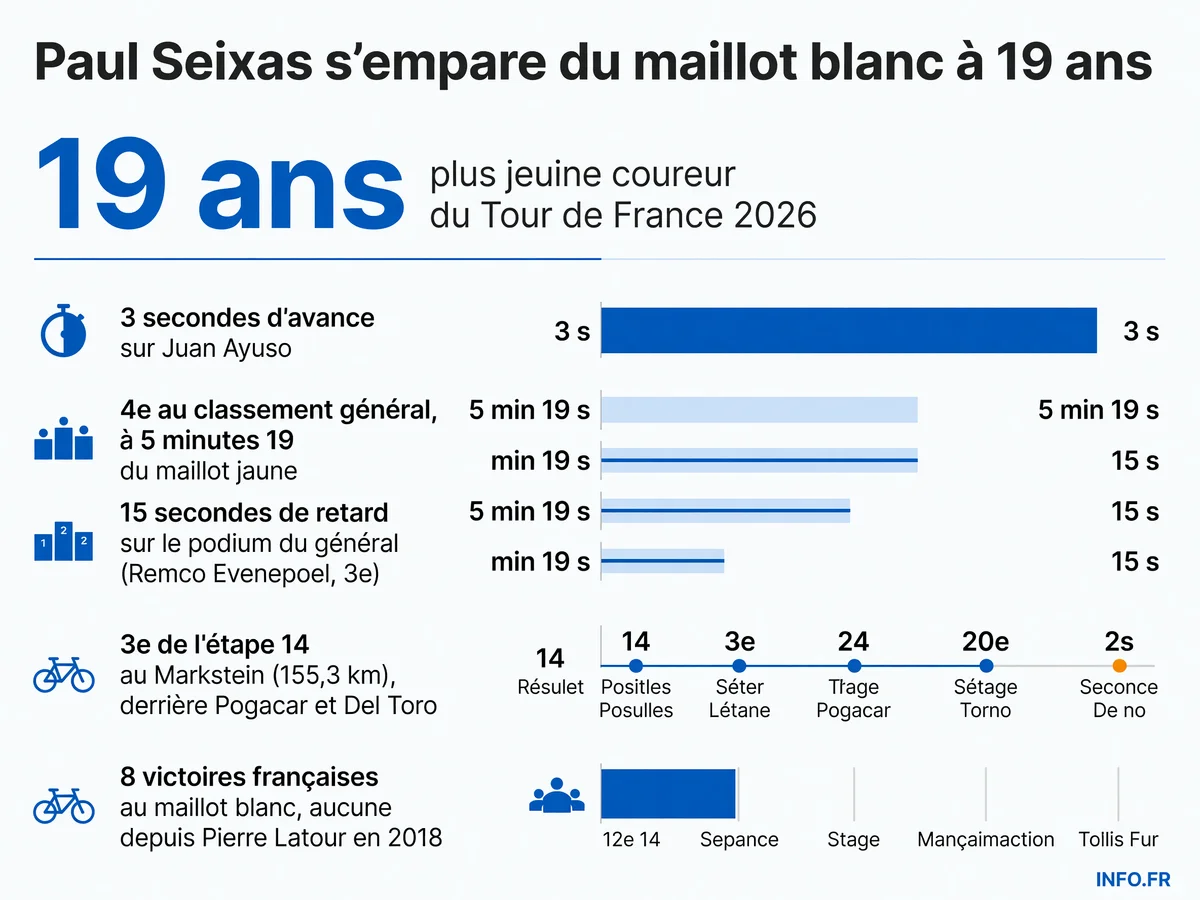 Classement des jeunes après l'étape 14 du Tour de France 2026: Paul Seixas devance Juan Ayuso de trois secondes et grimpe à la quatrième place du général.