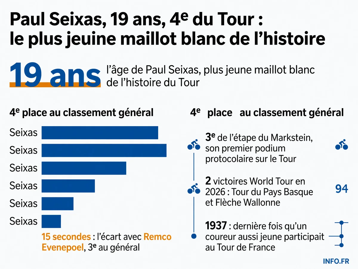 Paul Seixas, 19 ans, devient le plus jeune maillot blanc de l'histoire du Tour après sa 3e place au Markstein et sa remontée à la 4e place du classement général, à 15 secondes du podium