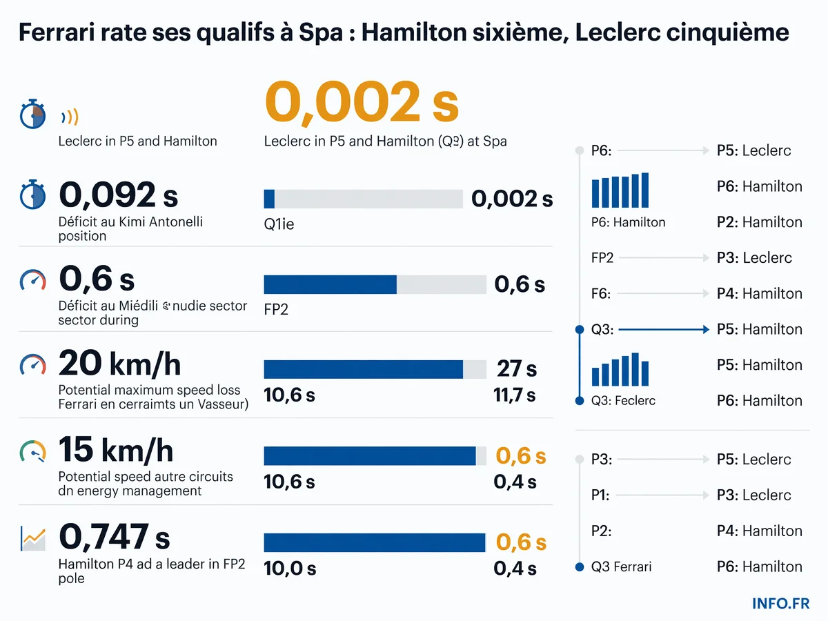 Écarts de performance de Ferrari lors des qualifications du Grand Prix de Belgique 2026 à Spa-Francorchamps, montrant le déficit dans le secteur médian et les variations de vitesse liées à la gestion d'énergie.