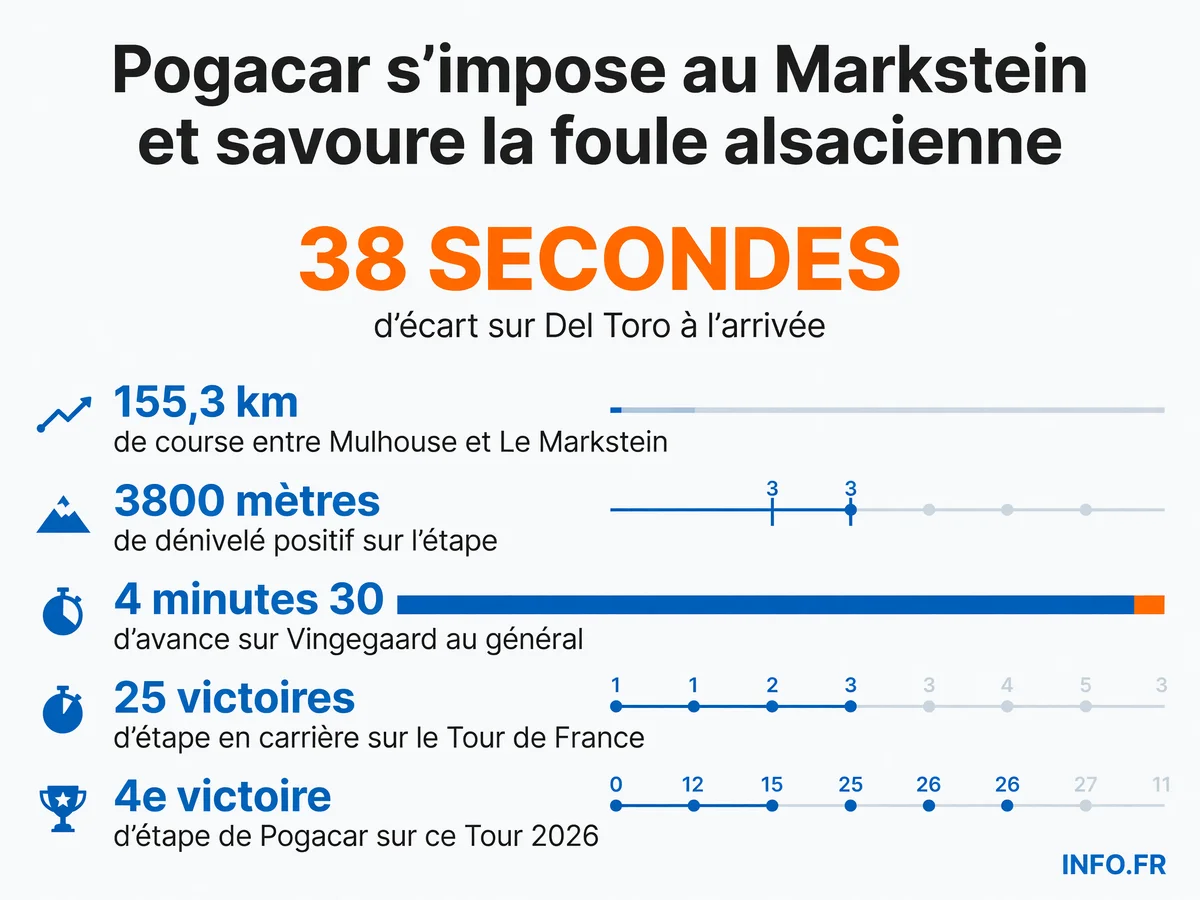 Tadej Pogacar remporte la 14e étape du Tour de France 2026 au Markstein avec 38 secondes d'avance, sa 4e victoire d'étape, portant son total à 25 victoires en carrière sur le Tour