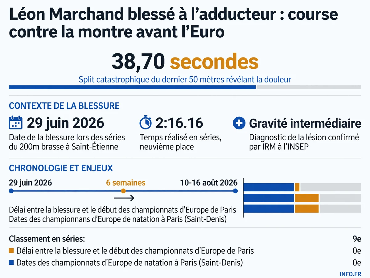Chronologie de la blessure de Léon Marchand à l'adducteur droit et délai avant les championnats d'Europe de Paris