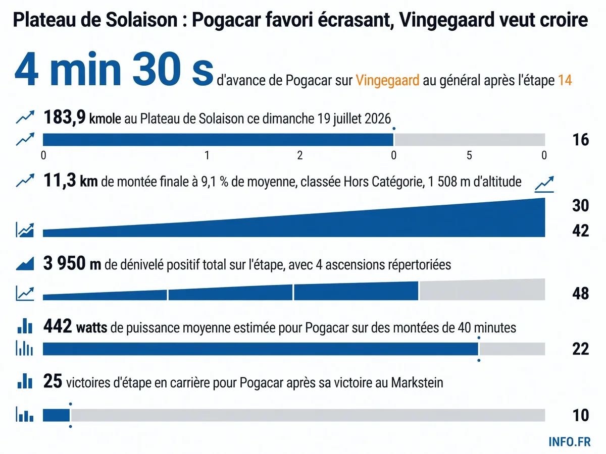 Profil et données clés de l'étape 15 du Tour de France 2026 vers le Plateau de Solaison: distance, dénivelé, écarts au général et puissance des favoris