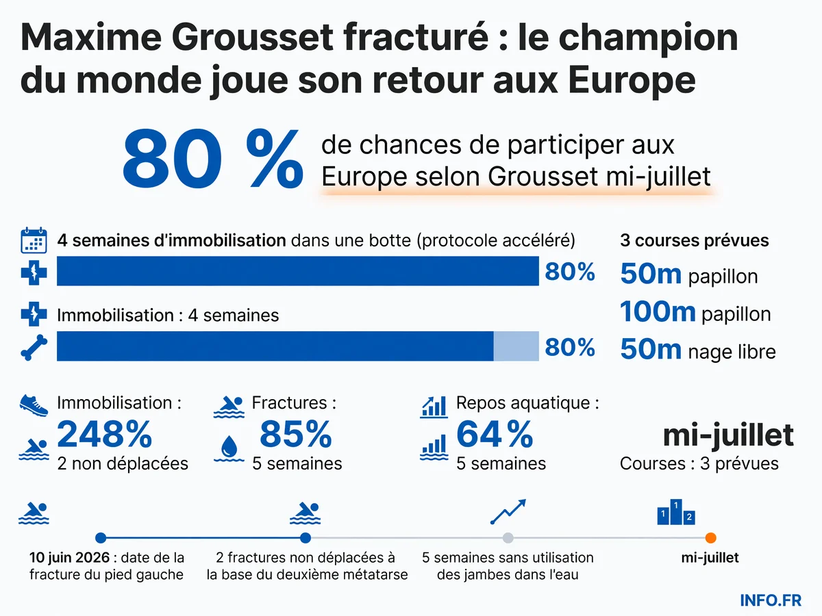 Chronologie de la blessure et du retour de Maxime Grousset: fracture le 10 juin, quatre semaines d'immobilisation, reprise mi-juillet, objectif Championnats d'Europe 10-16 août 2026