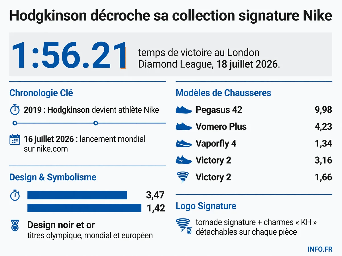 La première collection signature Nike Running de Keely Hodgkinson, championne olympique britannique du 800m, lancée le 16 juillet 2026 avec quatre modèles de chaussures et plusieurs pièces de vêtements techniques en noir et or.