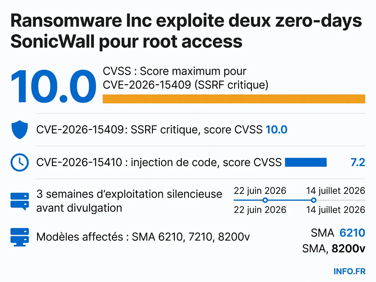Chronologie de la campagne ransomware Inc exploitant deux zero-days SonicWall (CVE-2026-15409 et CVE-2026-15410) du 22 juin au 17 juillet 2026