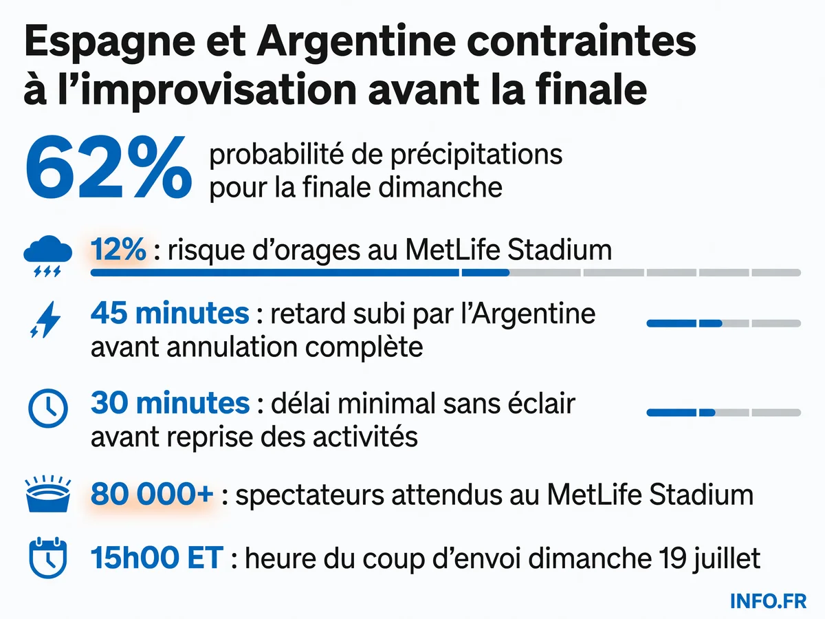 Chiffres clés des perturbations météo avant la finale Espagne-Argentine de la Coupe du Monde 2026 au MetLife Stadium