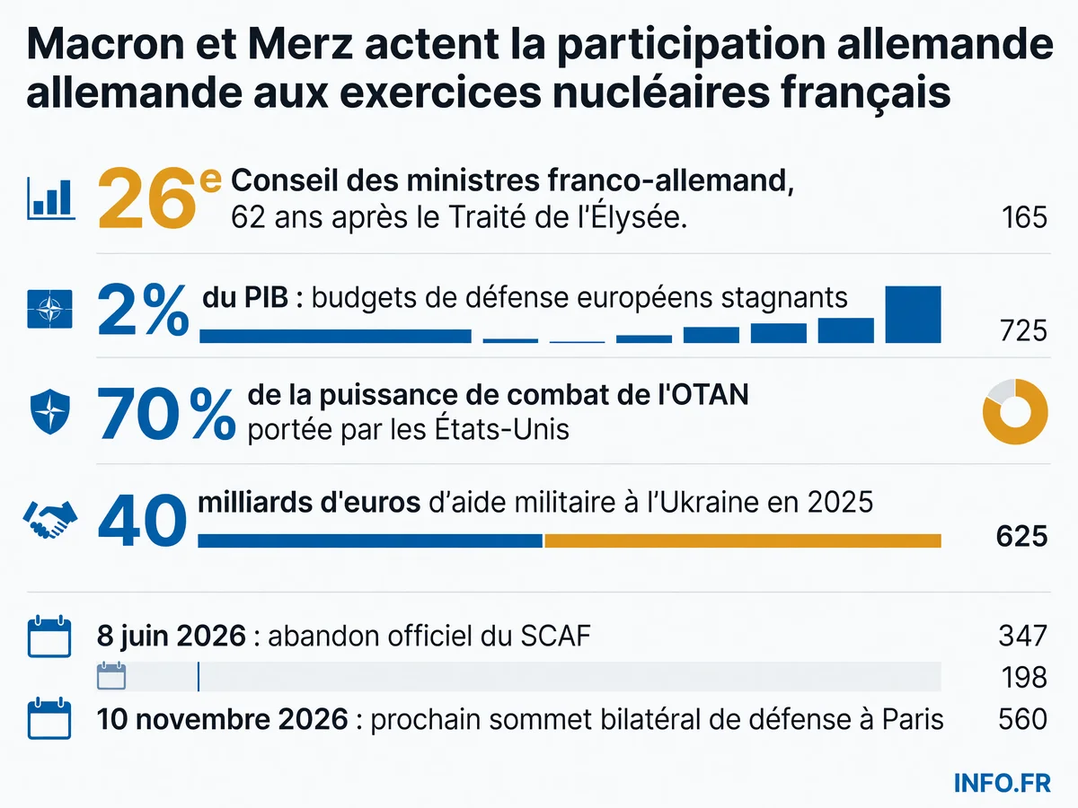 Chronologie et chiffres clés du renforcement du partenariat franco-allemand en défense et énergie, de 1963 à 2026.