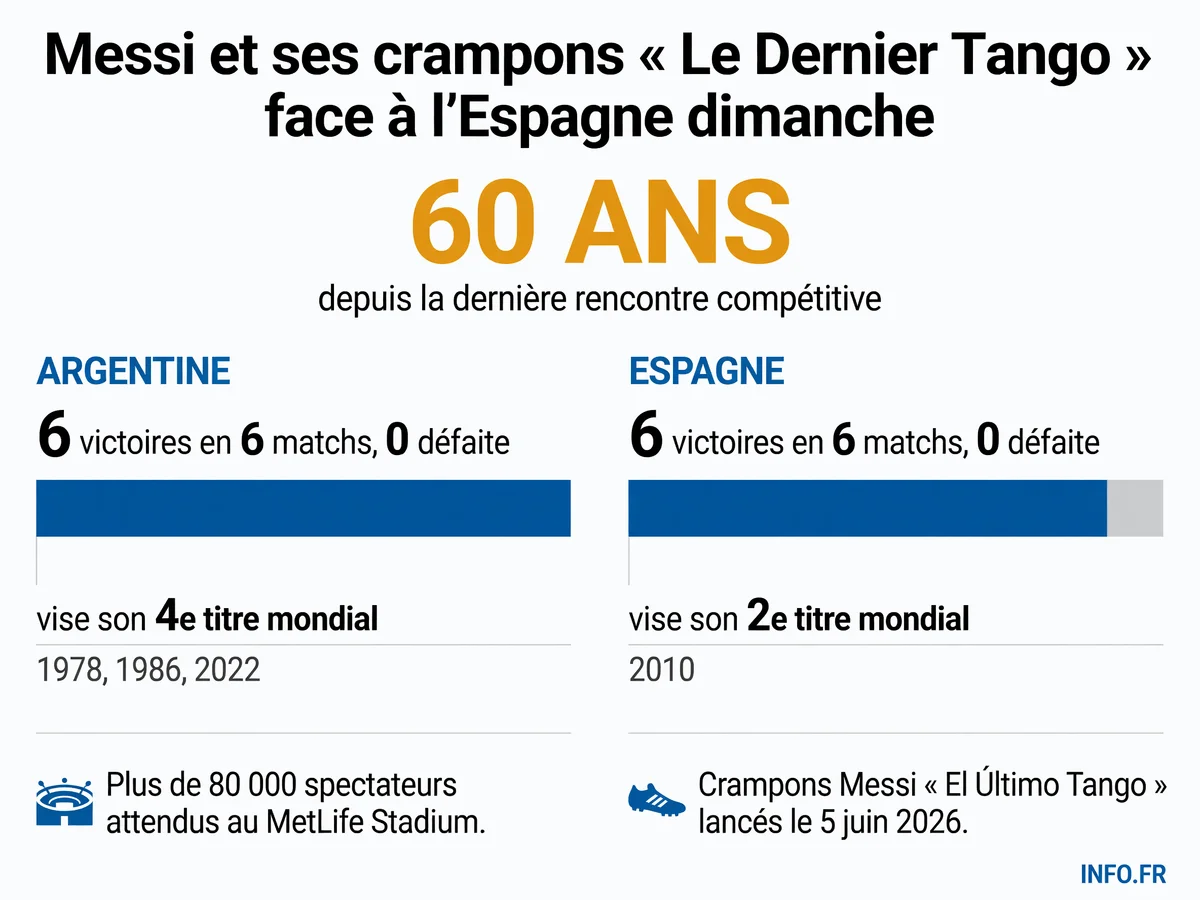 Infographie comparant les parcours de l'Argentine et de l'Espagne jusqu'à la finale de la Coupe du Monde 2026 au MetLife Stadium