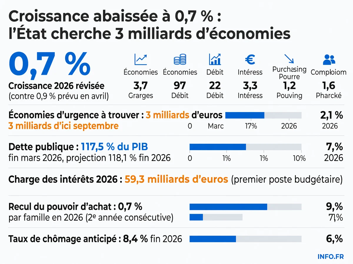 Révision de la croissance française 2026 et plan d'économies budgétaires d'urgence annoncés par le gouvernement le 7 juillet 2026