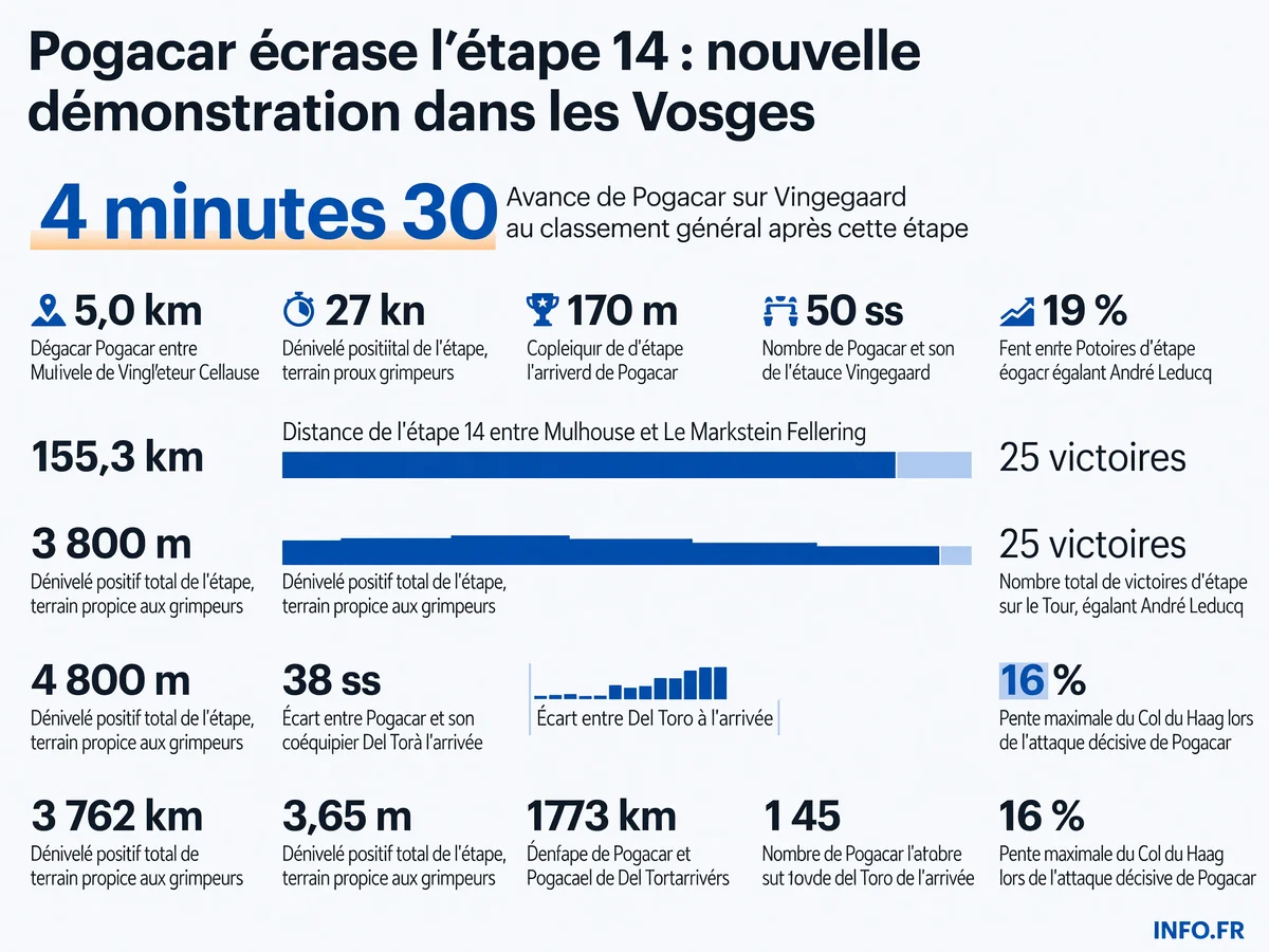 Infographie montrant les chiffres clés de la victoire de Tadej Pogacar lors de la 14e étape du Tour de France 2026: distance parcourue, dénivelé, avance au général et nombre de victoires en carrière
