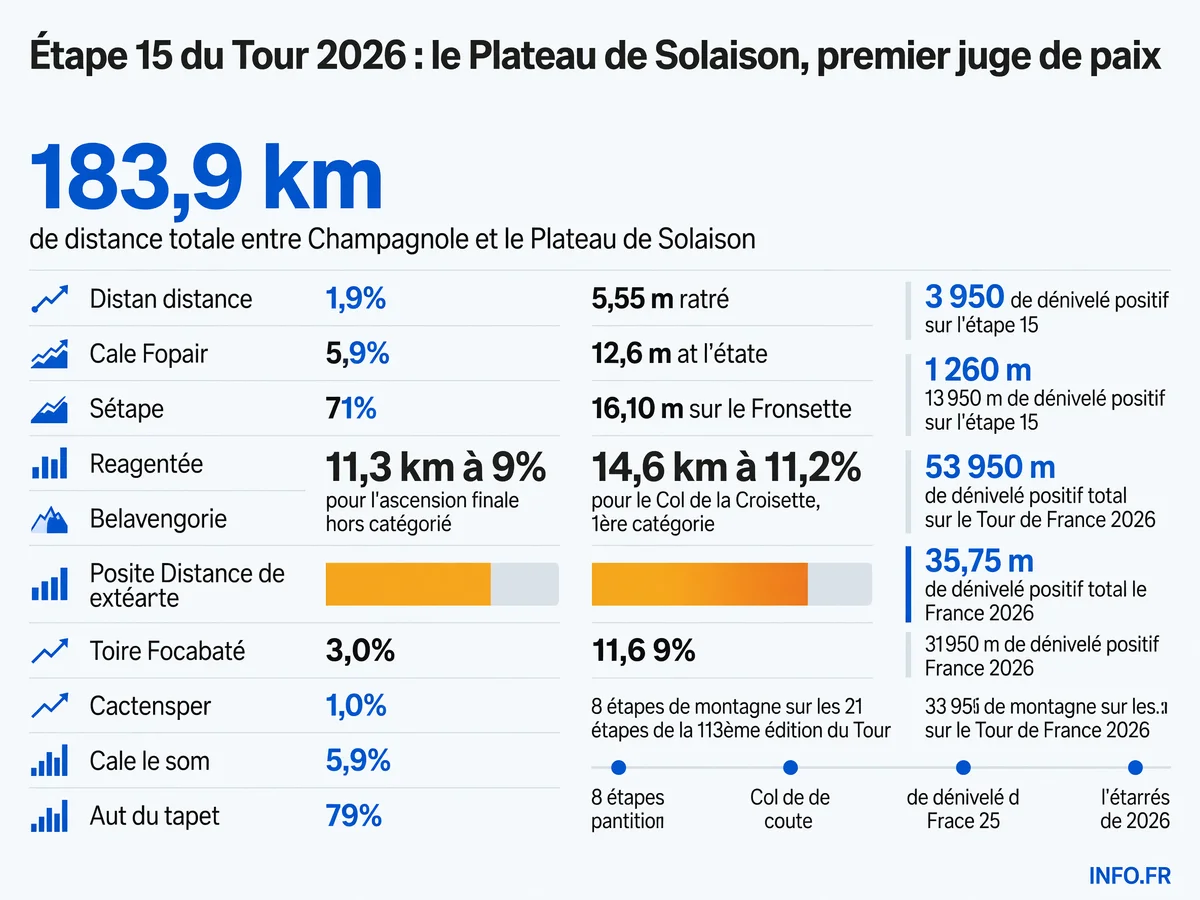Profil et données techniques de l'étape 15 du Tour de France 2026 entre Champagnole et le Plateau de Solaison, avec dénivelé et ascensions catégorisées.